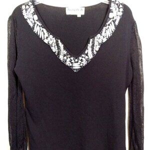 Joseph A. Black Beaded Sweater with Black Netted Sleeves: Size L